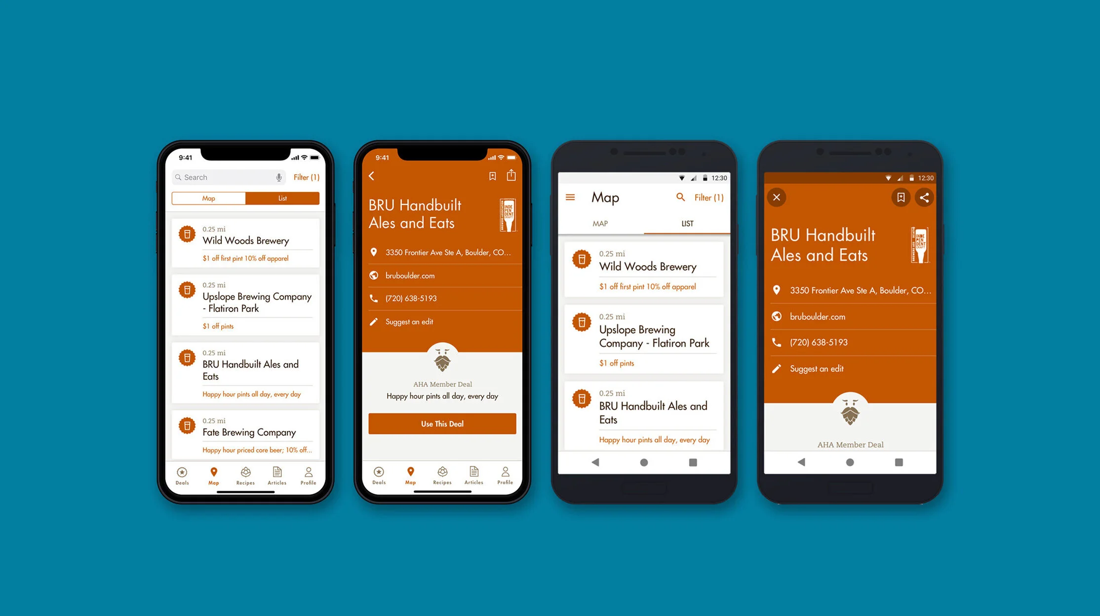 Four phone screens showing the Brew Guru app: an iOS deals list, an iOS location detail page, an Android map view, and an Android location detail page, all sharing the same reusable location card