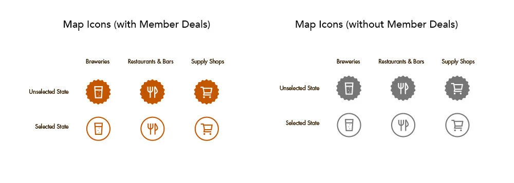 Enlarged, simplified location icons; gray versions indicate locations without a member deal