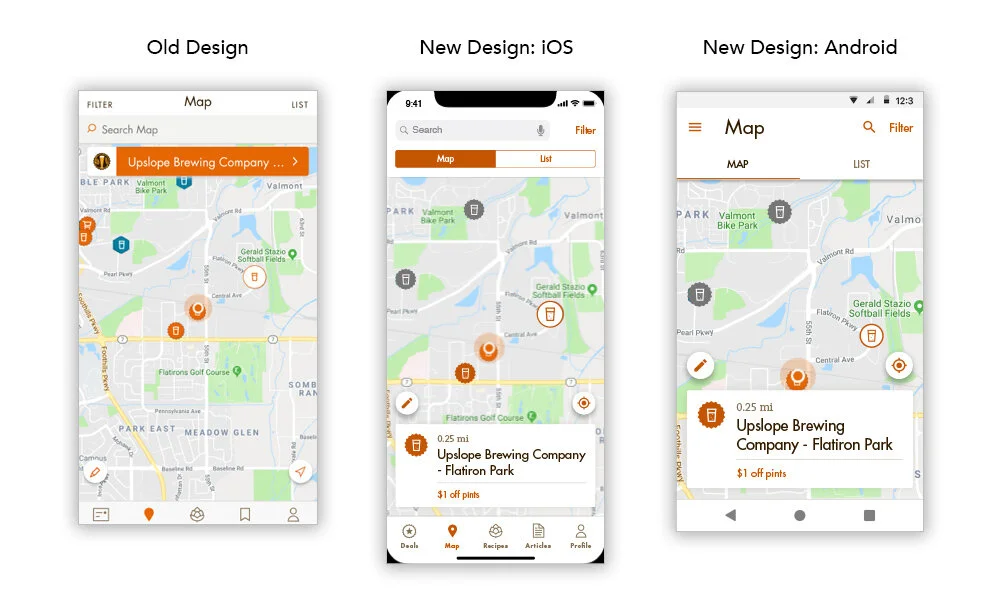 Map and list views sharing one location card that shows type, name, distance, and member deal