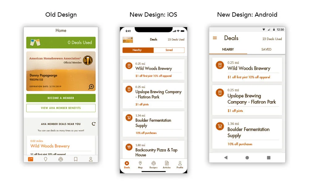 Old cluttered Home screen next to the new deals-first design on iOS and Android, showing nearby breweries with member deals