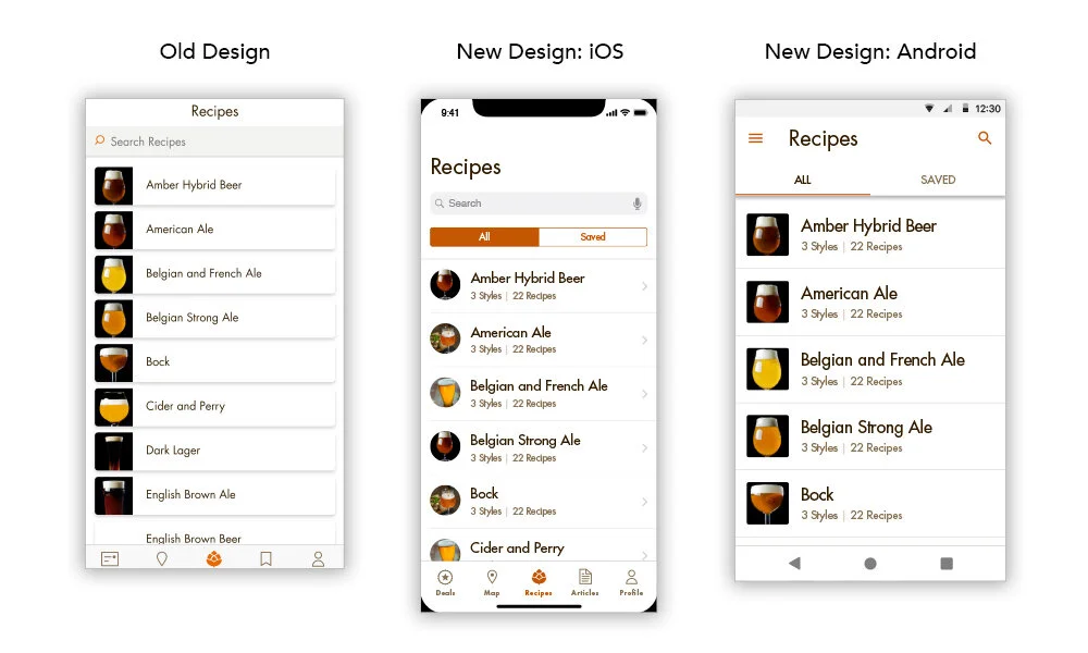 Beer categories with style and recipe counts displayed beneath each category name