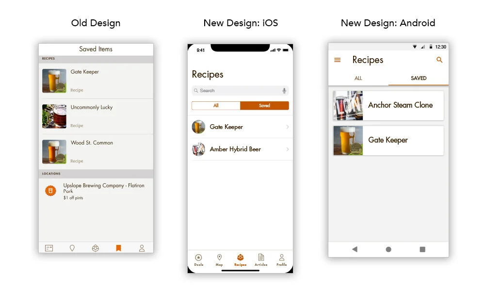 Saved recipes accessible directly inside the Recipes experience using native controls