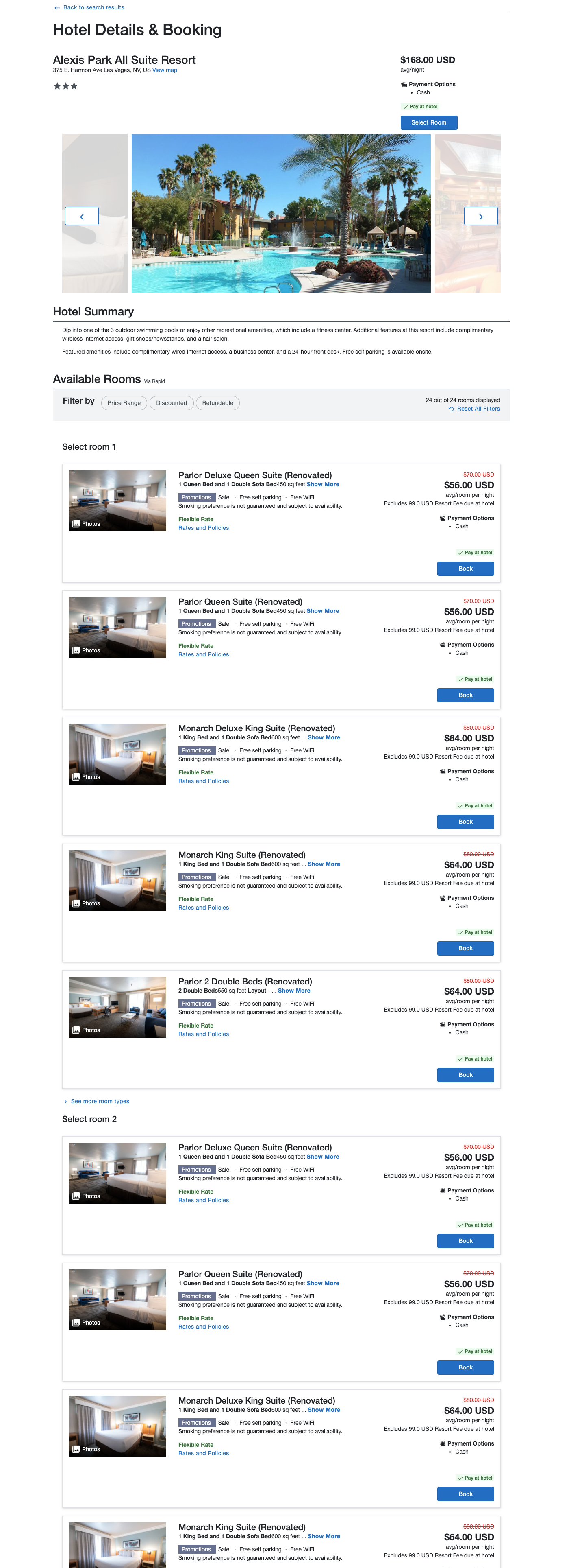 2021 hotel detail page: small carousel gallery, dense text summary, and a long flat list of near-duplicate room cards for room 1 and room 2
