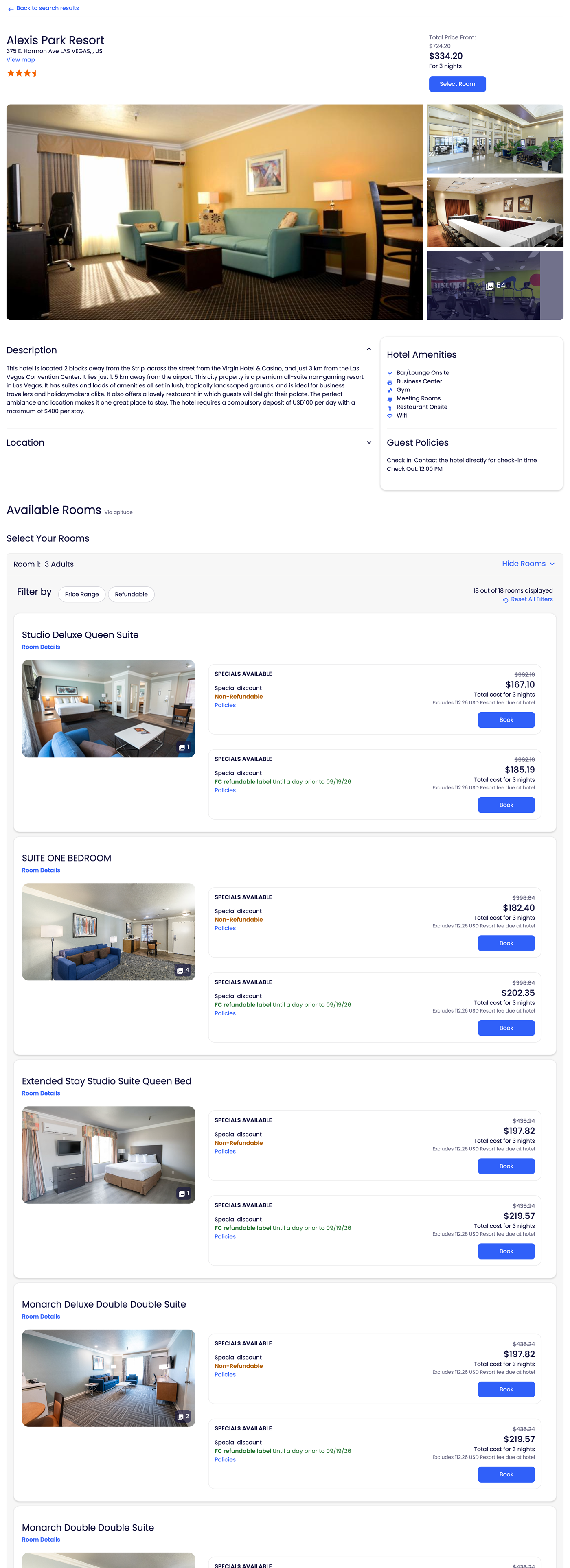 2025 hotel detail page: large gallery grid with photo count, description with amenities sidebar, and unified room cards with nested rate options