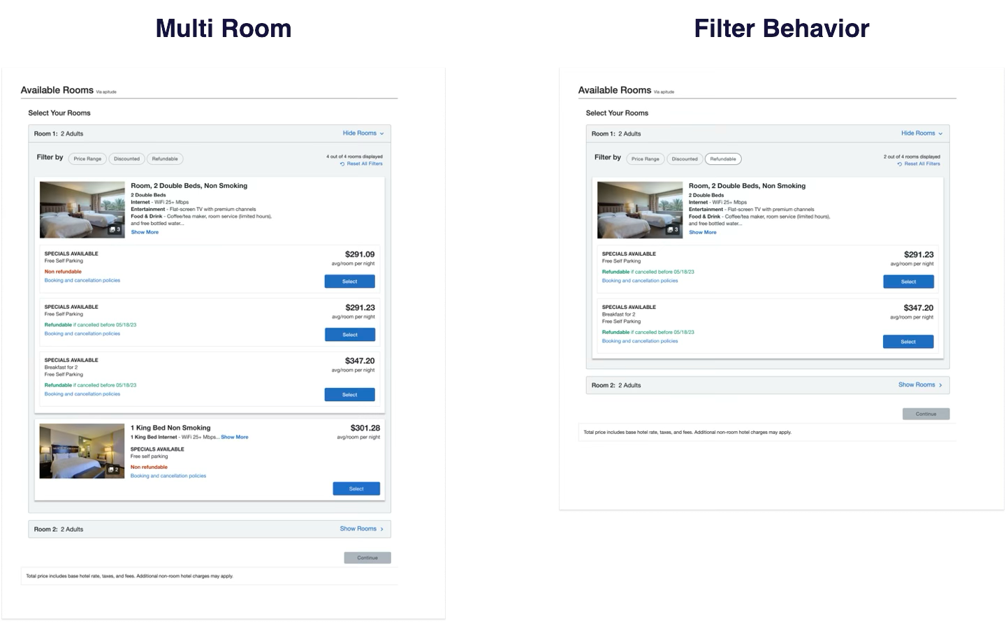 Filter behavior: applying the refundable filter removes non-qualifying rate rows inside the room card instead of hiding whole rooms