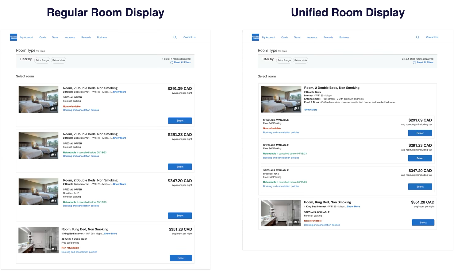 Side by side comparison: the regular room display repeats the same room as separate cards per rate; the unified display shows one room card with rate options nested inside
