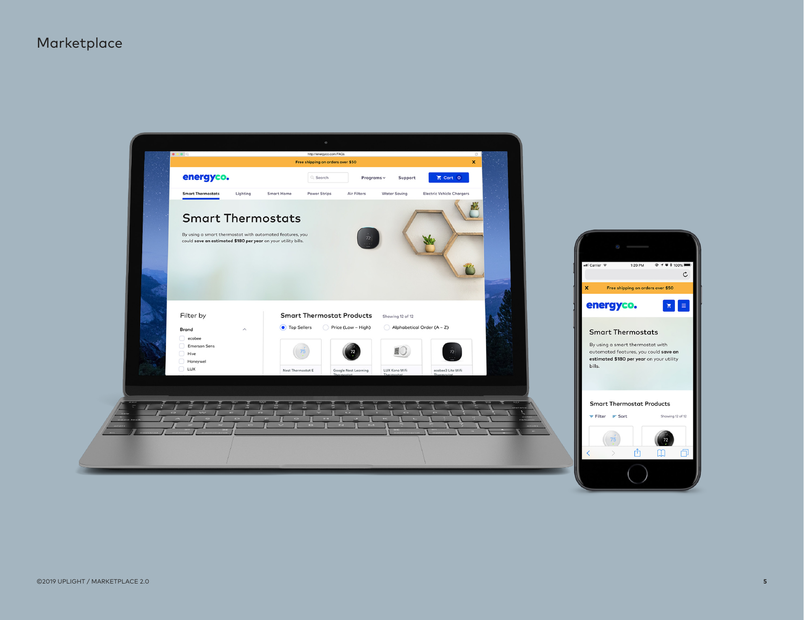 Uplight Marketplace running as a utility-branded store on laptop and phone, selling smart thermostats with instant rebates