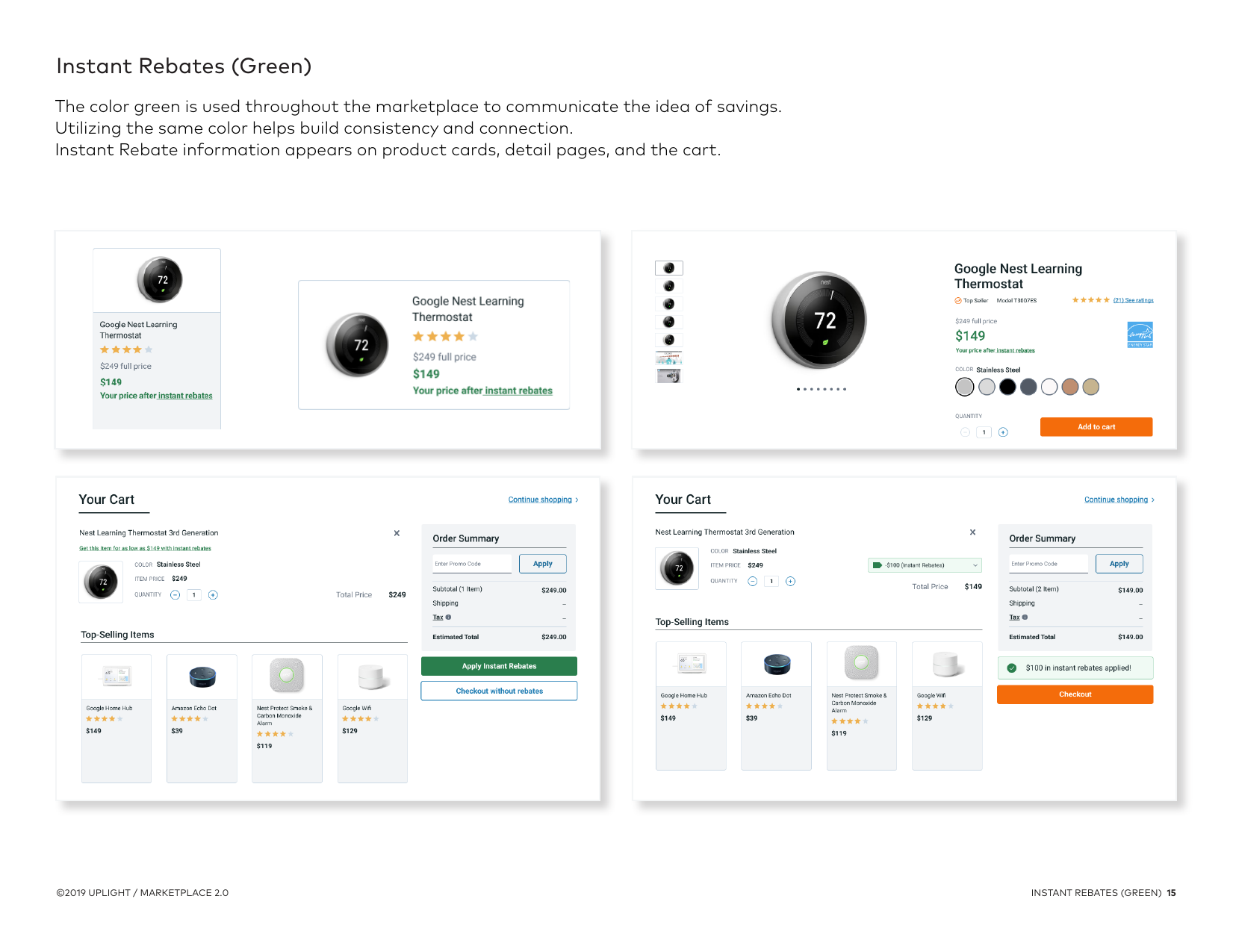 Green instant-rebate pricing shown consistently across product cards, detail pages, and the cart