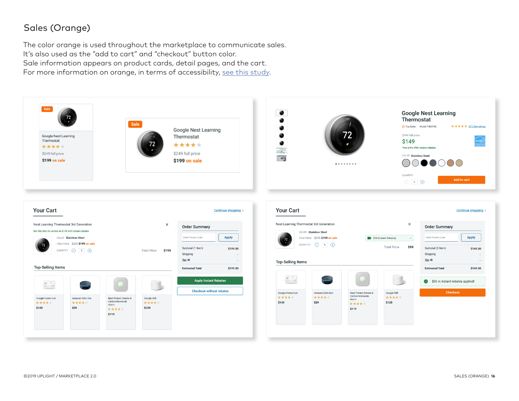 Orange sale indicators and primary add-to-cart and checkout actions