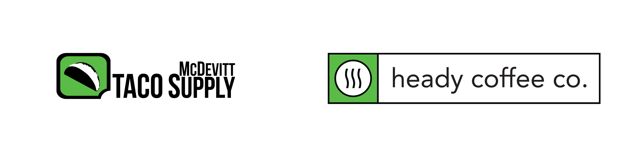 The Heady steam mark beside the McDevitt Taco Supply mark, sharing one green-block, black-outline, icon-in-a-block system