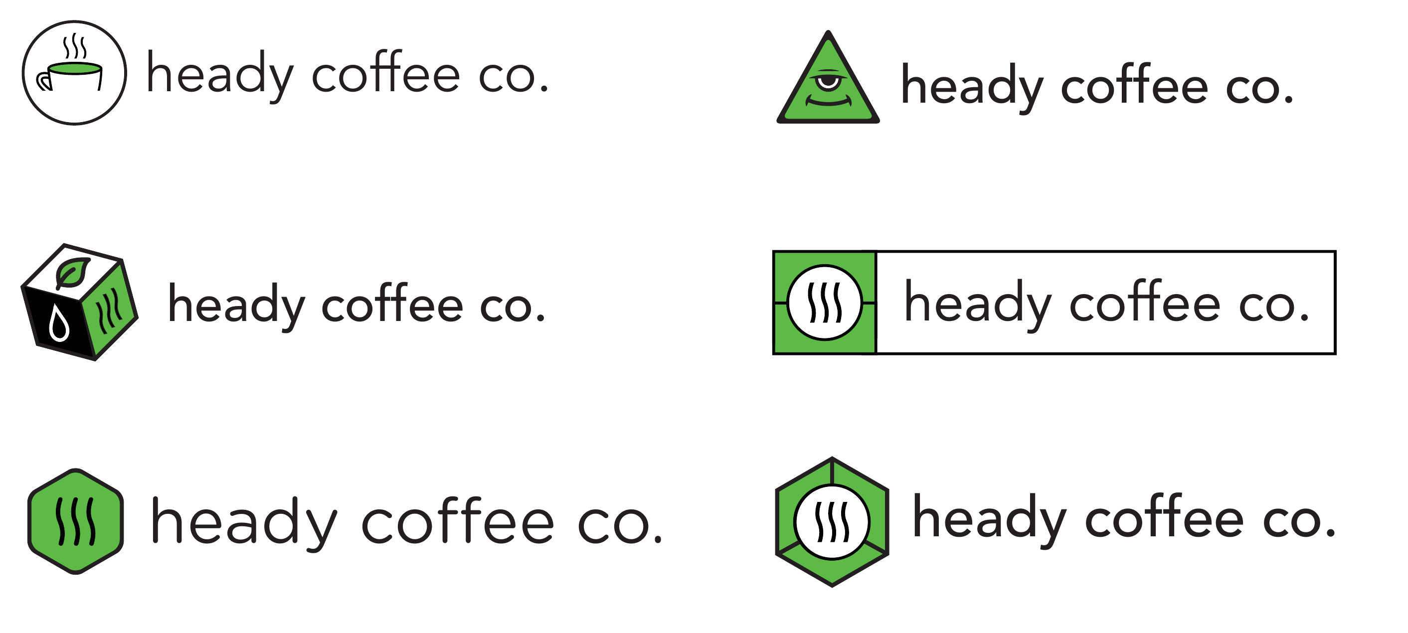 Concept explorations: coffee cup, third-eye triangle, cube with leaf, hexagon badge, and boxed steam lockups