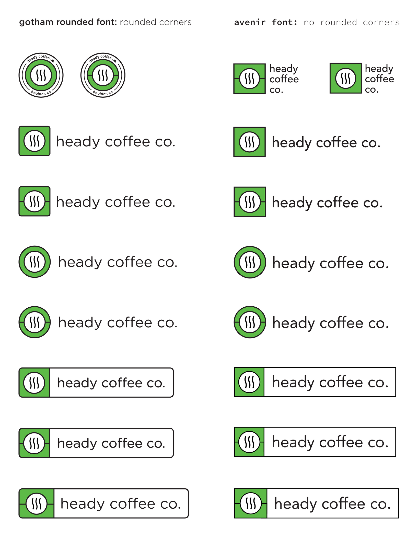 Two type directions tested across badge, circle, and boxed lockups: Gotham Rounded with rounded corners versus Avenir with sharp corners