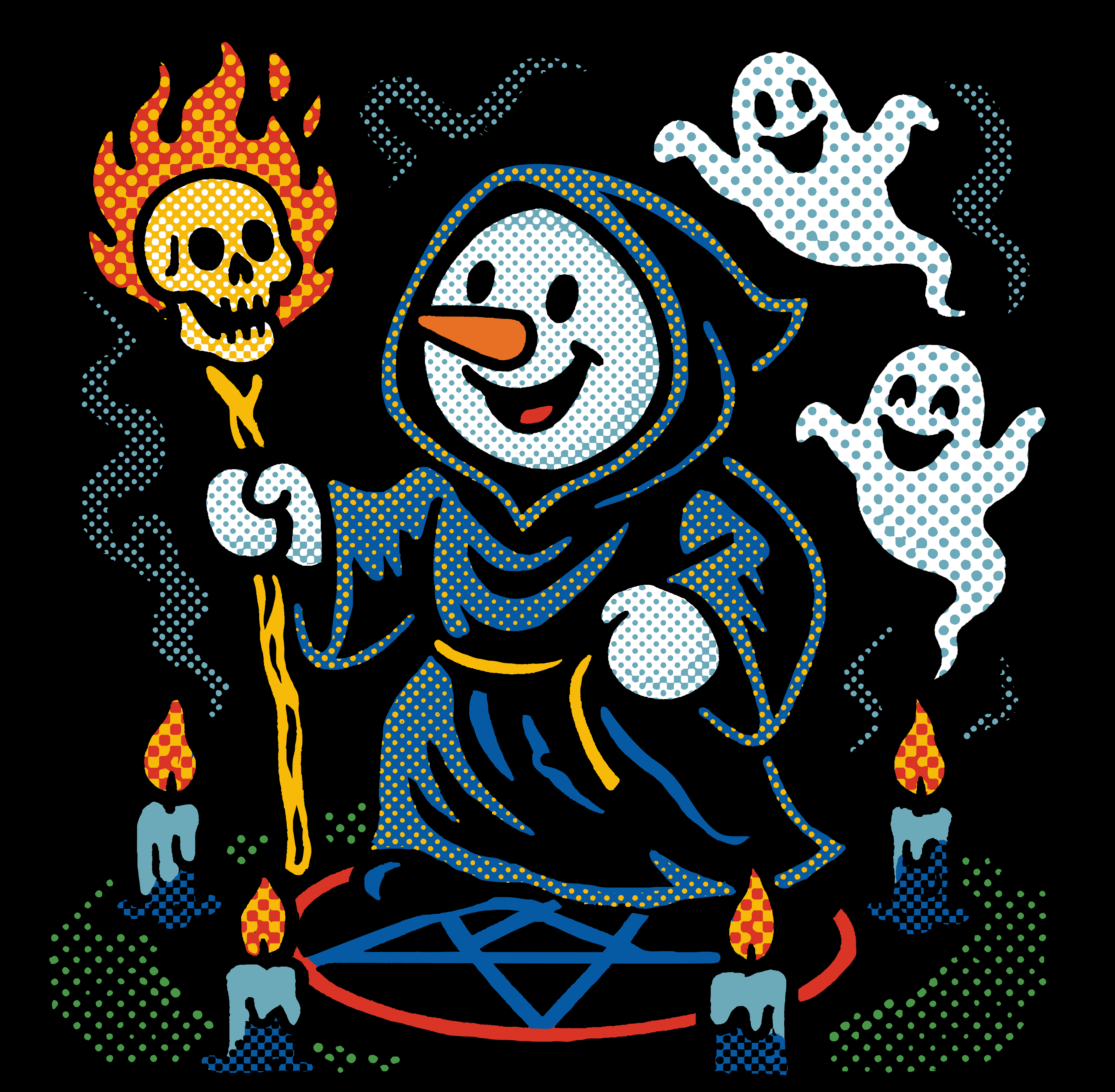 Colorful pop illustration of a hooded snowman with a flaming skull staff