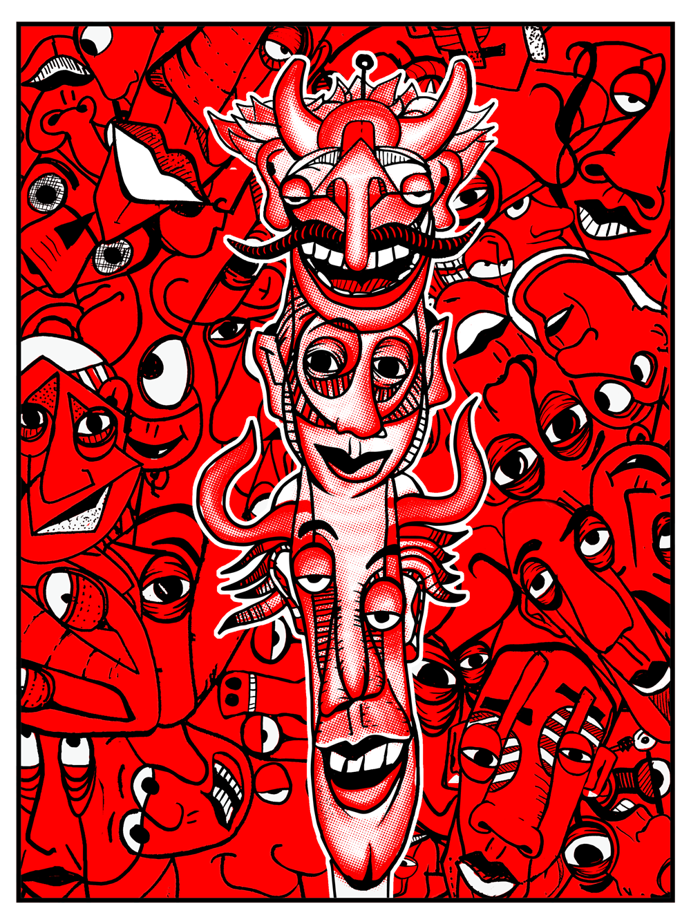 Bold red and black character illustration of stacked faces