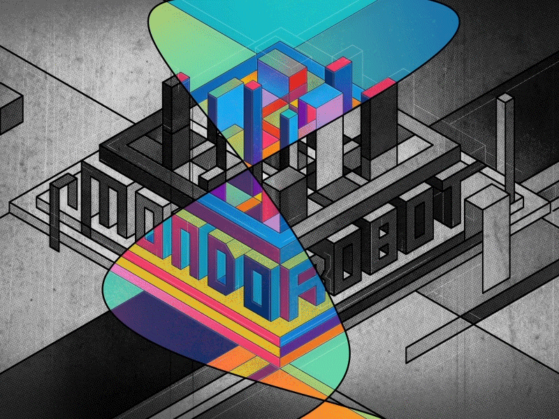 Animated isometric typographic illustration spelling Mondo Robot