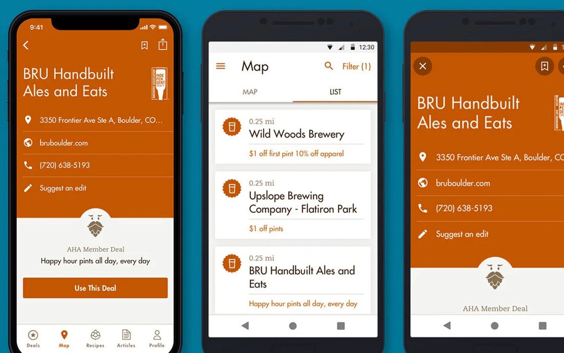 Brew Guru mobile app screens on iOS and Android