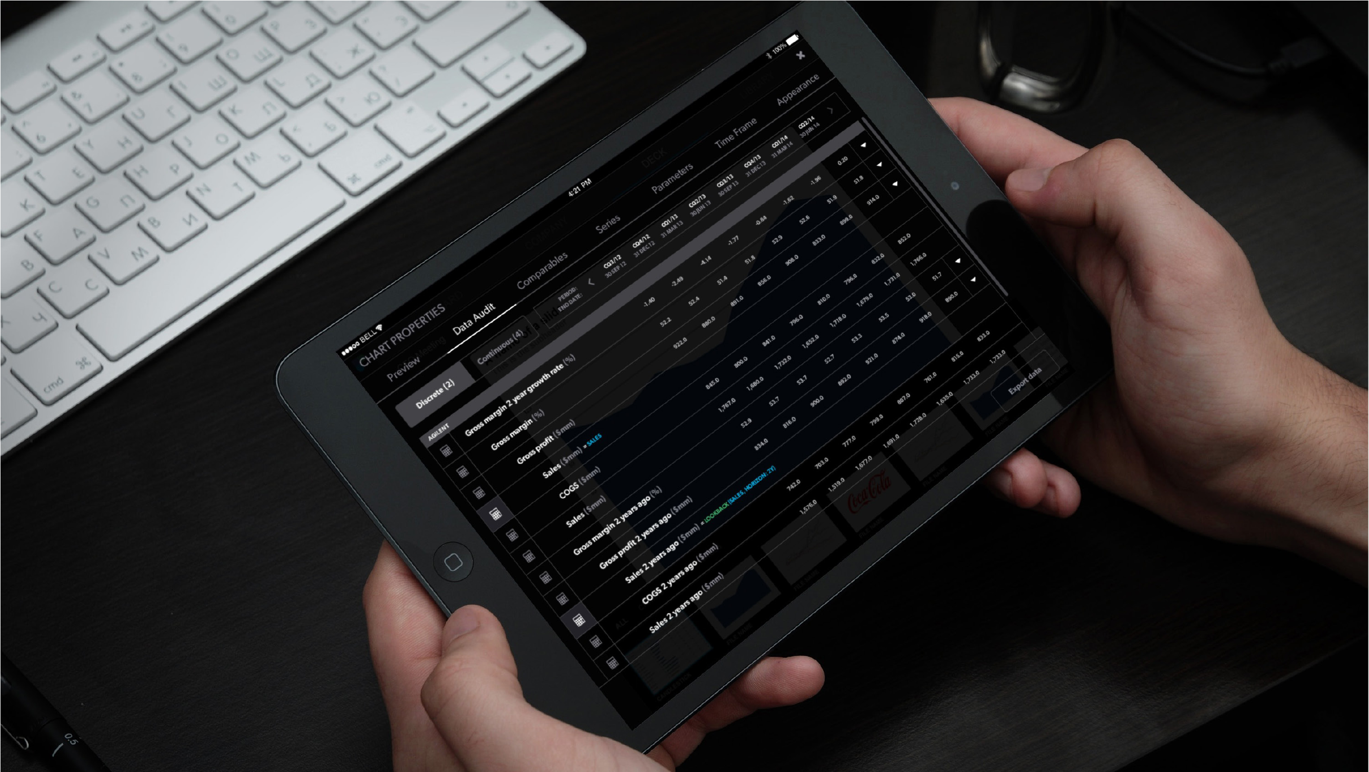The core product on iPad, a dense chart-properties and data-audit view rendered legible