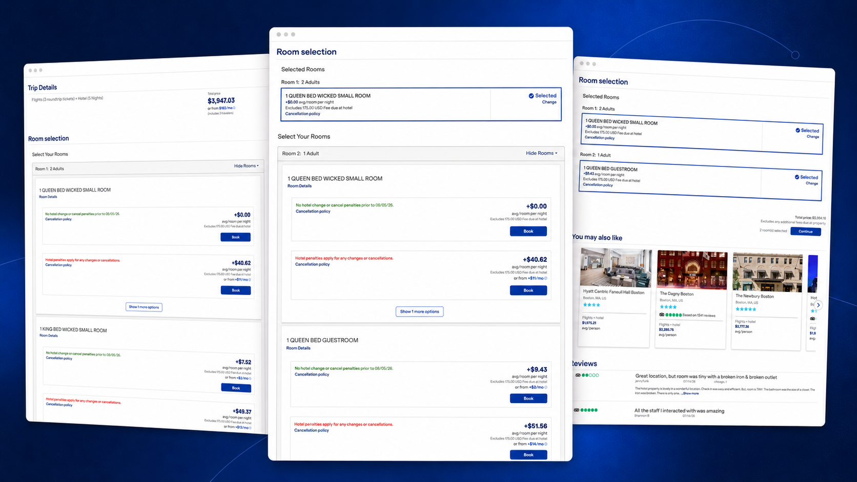 Multi-room hotel selection, comparing rooms, rates, and change policies across travelers